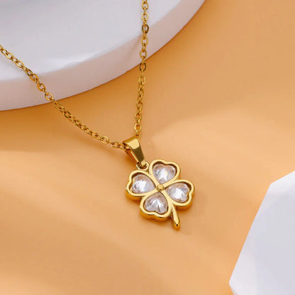 Four Leaf Clover Stainless Steel Necklaces For Women Green Zircon Gold Color Quality Jewelry Pendant Necklace Gift Free Shipping