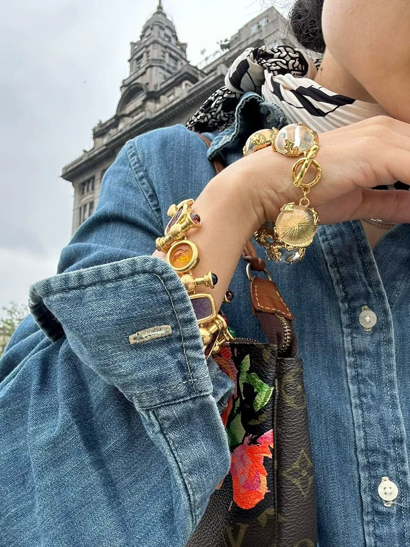 Brass Statement Chunky Colorful Retro Beads Bracelet Women Jewelry Designer T Show Runway Gown Rare INS Japan Korean Trendy