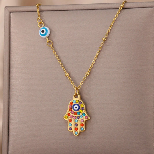 Turkish Hamsa Evil Eye Necklaces For Women Stainless Steel Gold Color Charm Choker Neckalce Christmas Jewelry Accessories Gift