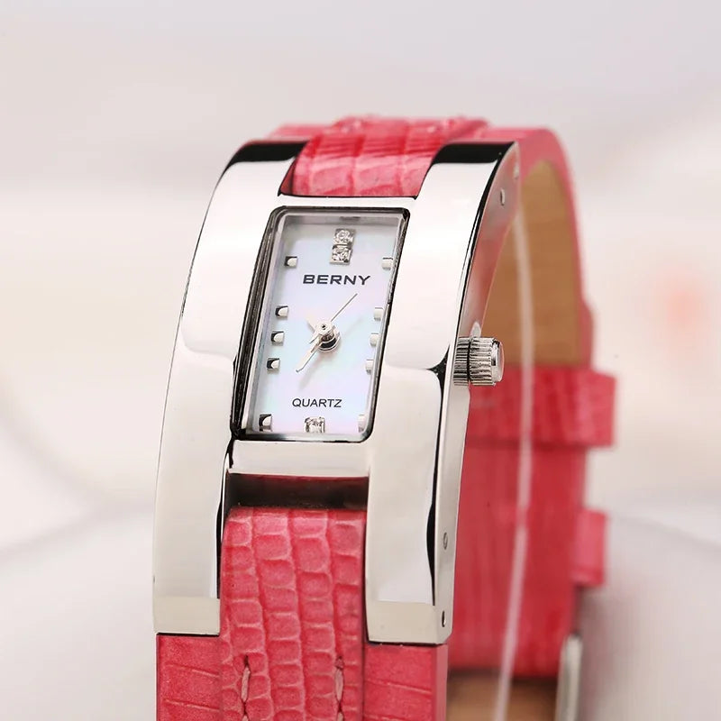 Elegant Small Rectangle Dial Wristwatch with Stainless Steel & Leather Strap, Fashion Casual Ladies Watch