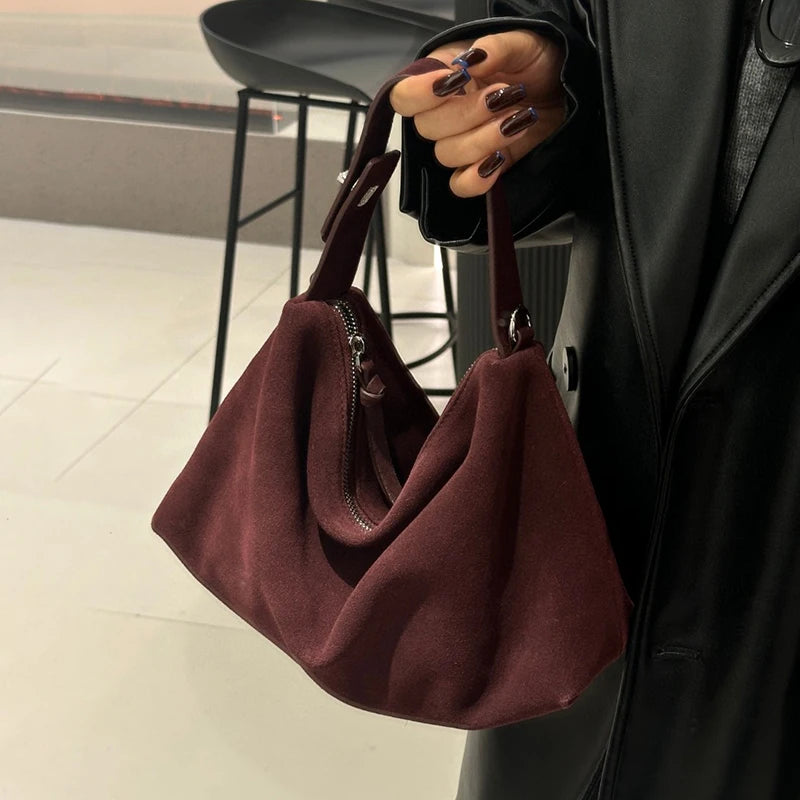 Fashion Autumn Winter Big Boston Tote Soft Matte Suede Cow Leather Women's Handbag Shoulder Crossbody Bag For Women Grey Brown