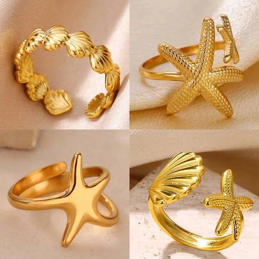 Stainless Steel Starfish Open Rings For Women Gold Color  Geometric Adjustable Ring Wedding Party Fashion Jewerly Gift anillos
