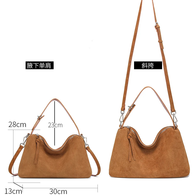 Fashion Autumn Winter Big Boston Tote Soft Matte Suede Cow Leather Women's Handbag Shoulder Crossbody Bag For Women Grey Brown