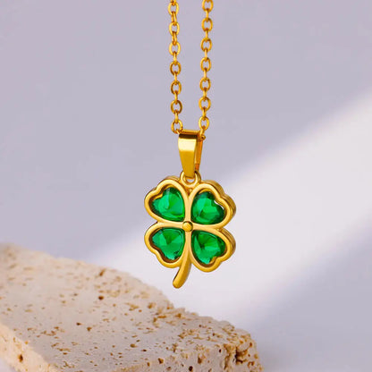 Four Leaf Clover Stainless Steel Necklaces For Women Green Zircon Gold Color Quality Jewelry Pendant Necklace Gift Free Shipping