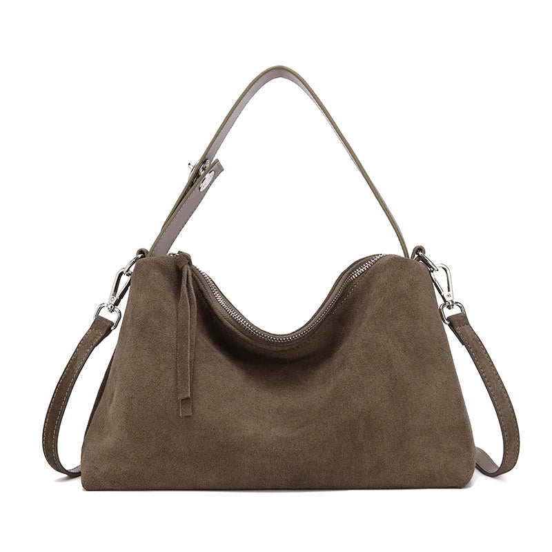Fashion Autumn Winter Big Boston Tote Soft Matte Suede Cow Leather Women's Handbag Shoulder Crossbody Bag For Women Grey Brown