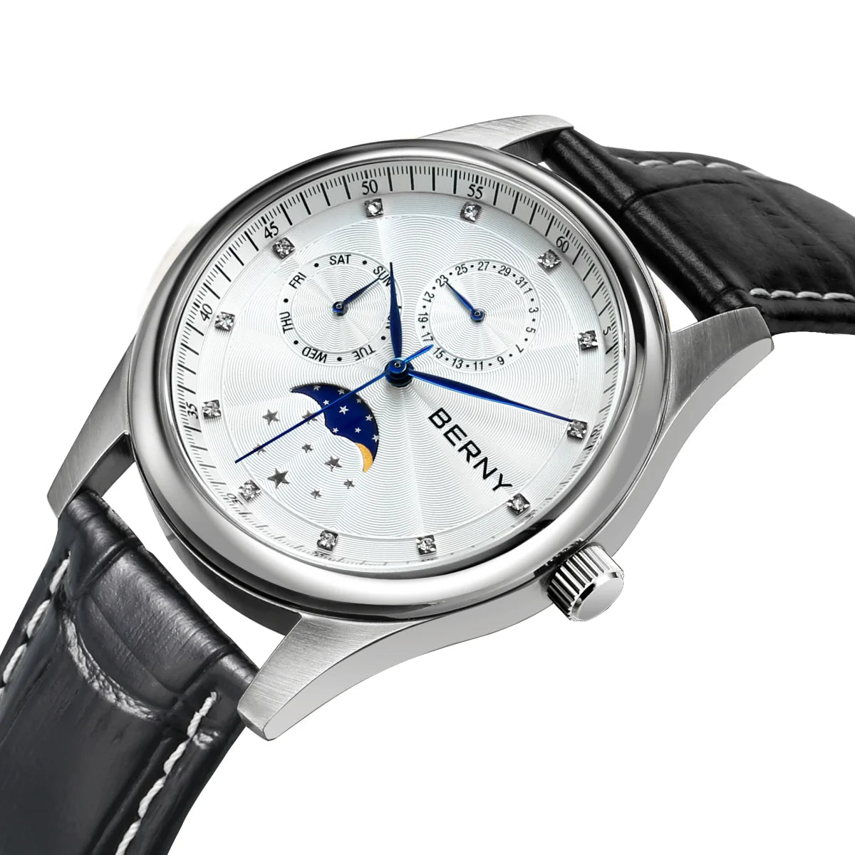 BERNY Women's Watches Calendar Date Week Real Moon Phase Quartz Women Watch Leather Strap Elegant Casual Ladies Girl Wristwatch