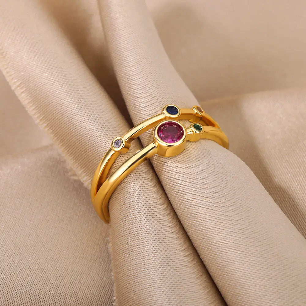 Colorful Zircon Round Stone Rings For Women Stainless Steel Gold Color Finger Ring  Wedding Aesthetic Jewelry Gift bijoux femme
