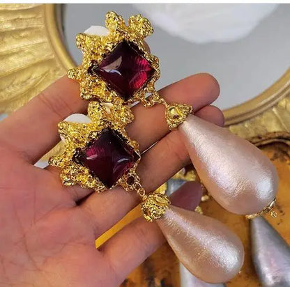 Brass Retro Natural Stone Pearl Necklace Earrings  Women Jewelry Punk Designer Runway Gown Boho Japan Korean