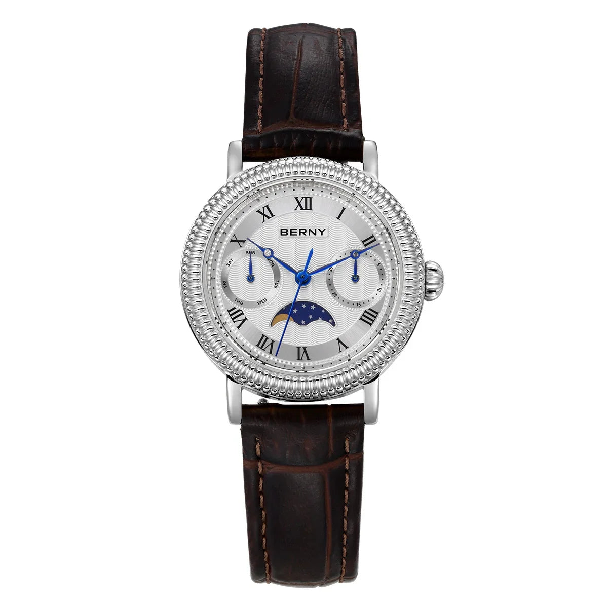 BERNY Women's Watches Luxury Business Dress Watch Moon Phase Elegant Quartz Ladies Wrist Watches Leather Band Stainless Steel
