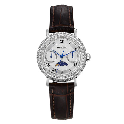 BERNY Women's Watches Luxury Business Dress Watch Moon Phase Elegant Quartz Ladies Wrist Watches Leather Band Stainless Steel