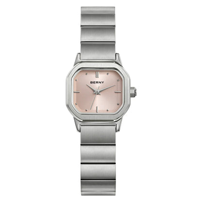BERNY Watch for Women Silver Full Stainless Steel Square Small Dial Quartz Women's Wristwatch Waterproof Dress Ladies Watches