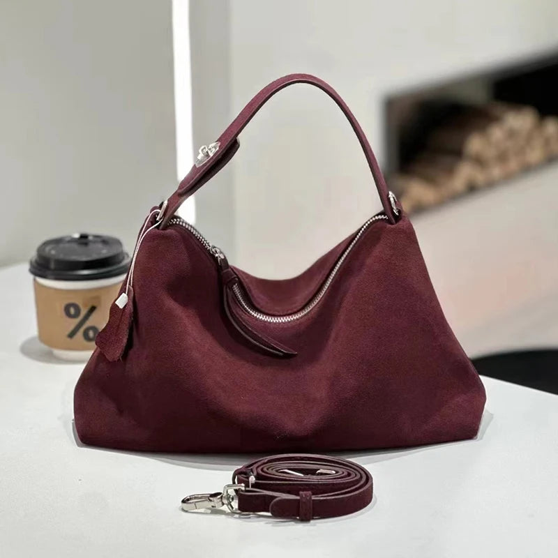 Fashion Autumn Winter Big Boston Tote Soft Matte Suede Cow Leather Women's Handbag Shoulder Crossbody Bag For Women Grey Brown