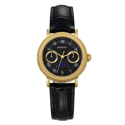 BERNY Women's Watches Luxury Business Dress Watch Moon Phase Elegant Quartz Ladies Wrist Watches Leather Band Stainless Steel