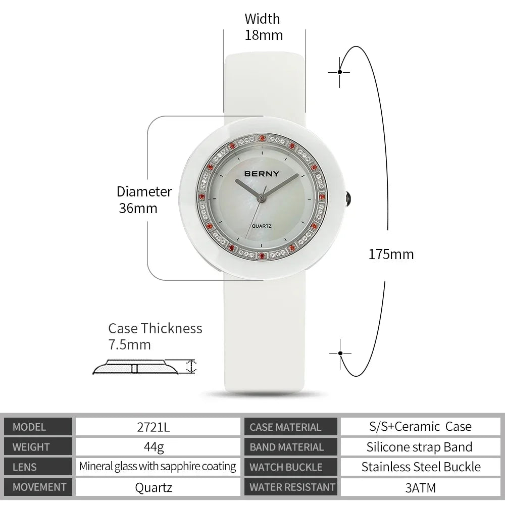 BERNY Women's Bracelet Watches Diamond Ceramics Watch Luxury Wristwatch Quartz Watch Waterproof  Ultra Light weight Women Watch