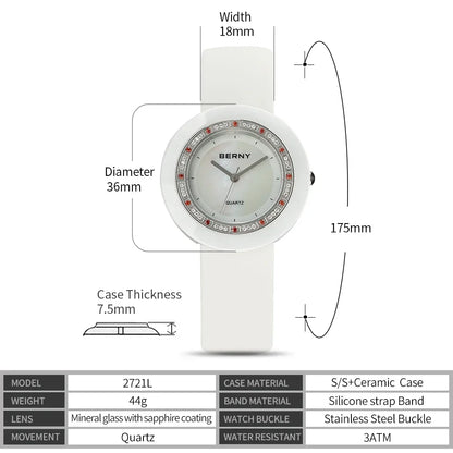 BERNY Women's Bracelet Watches Diamond Ceramics Watch Luxury Wristwatch Quartz Watch Waterproof  Ultra Light weight Women Watch