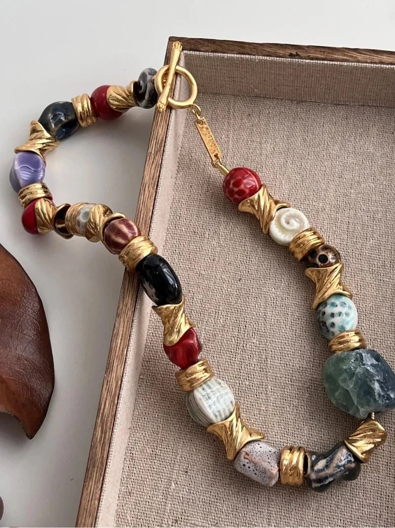 Brass Retro Natural Stone Pearl Necklace Earrings  Women Jewelry Punk Designer Runway Gown Boho Japan Korean