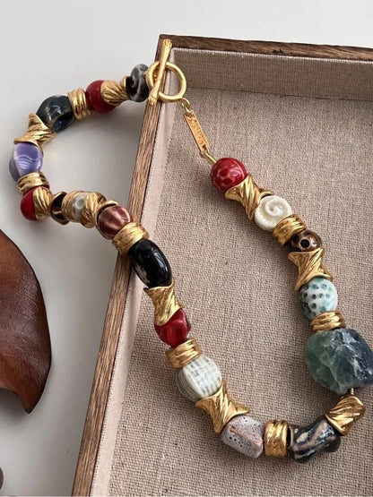 Brass Retro Natural Stone Pearl Necklace Earrings  Women Jewelry Punk Designer Runway Gown Boho Japan Korean