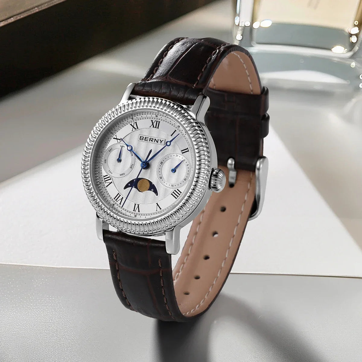 BERNY Women's Watches Luxury Business Dress Watch Moon Phase Elegant Quartz Ladies Wrist Watches Leather Band Stainless Steel