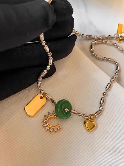 Brass With White Gold Heart  Pearl Jade Charm  Necklace Women Jewelry Party Designer T Show Runway INS