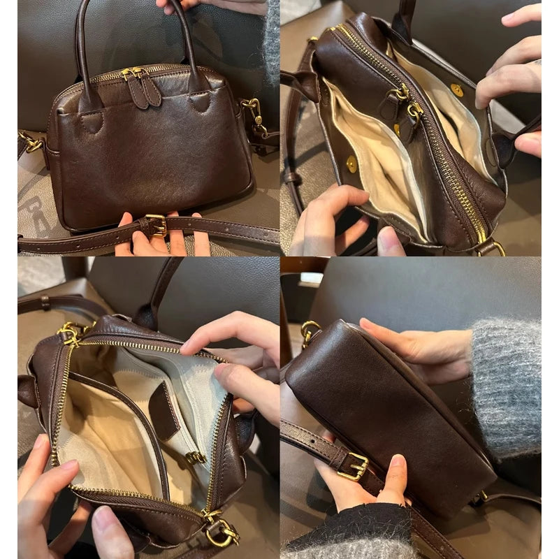 Women Natural Cow Leather Handbags Ladies High Quality Shoulder Bag Female Fashion Retro Luxury Designer Cowhide Crossbody Bags