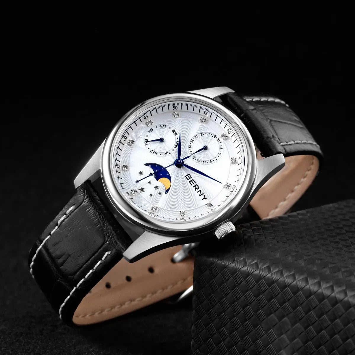 BERNY Women's Watches Calendar Date Week Real Moon Phase Quartz Women Watch Leather Strap Elegant Casual Ladies Girl Wristwatch