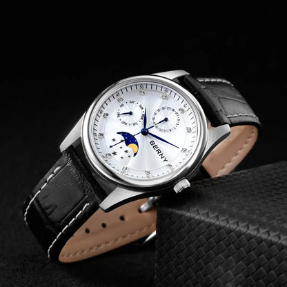 BERNY Women's Watches Calendar Date Week Real Moon Phase Quartz Women Watch Leather Strap Elegant Casual Ladies Girl Wristwatch