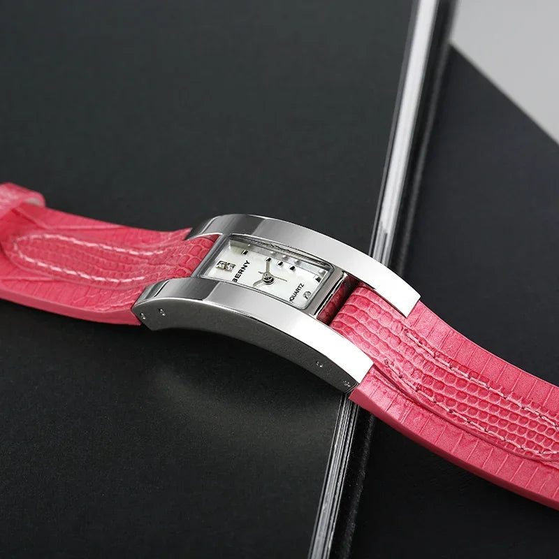 Elegant Small Rectangle Dial Wristwatch with Stainless Steel & Leather Strap, Fashion Casual Ladies Watch