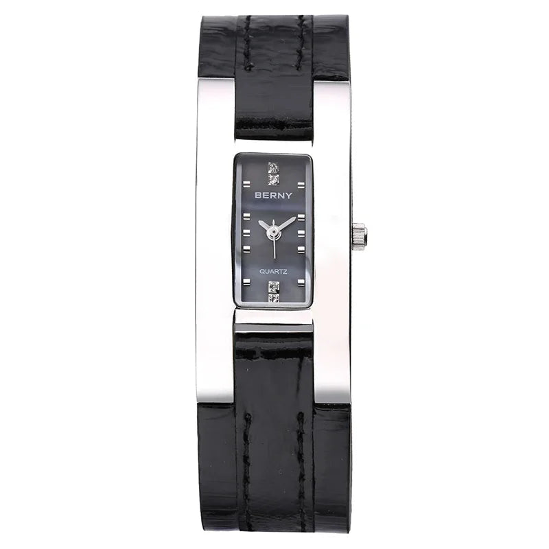 Elegant Small Rectangle Dial Wristwatch with Stainless Steel & Leather Strap, Fashion Casual Ladies Watch