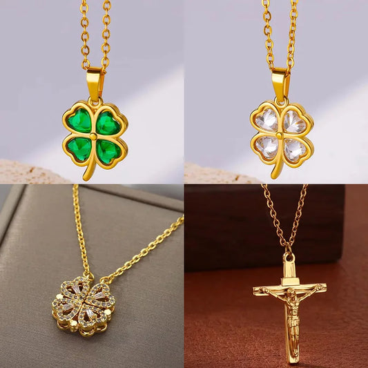 Four Leaf Clover Stainless Steel Necklaces For Women Green Zircon Gold Color Quality Jewelry Pendant Necklace Gift Free Shipping