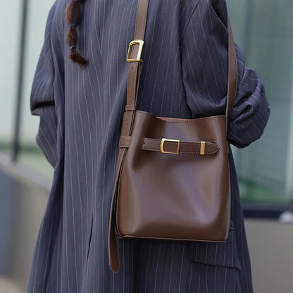 Cow Split Leather Bucket Bag Women Vintage messenger High Quality Simple Handbag Lady Shoulder Bag Luxury Female Crossbody Bags
