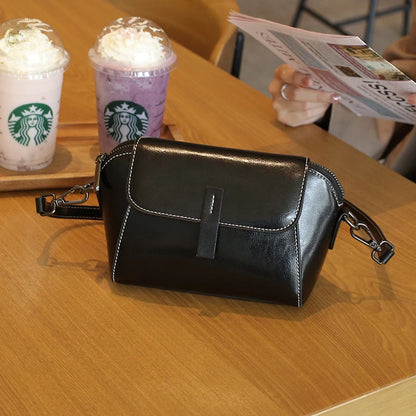 Oil Wax Cowhide Genuine Leather Crossbody Small Bag for Women Fashionable Versatile Shoulder Shell Handbag Lady Casual Phone Bag