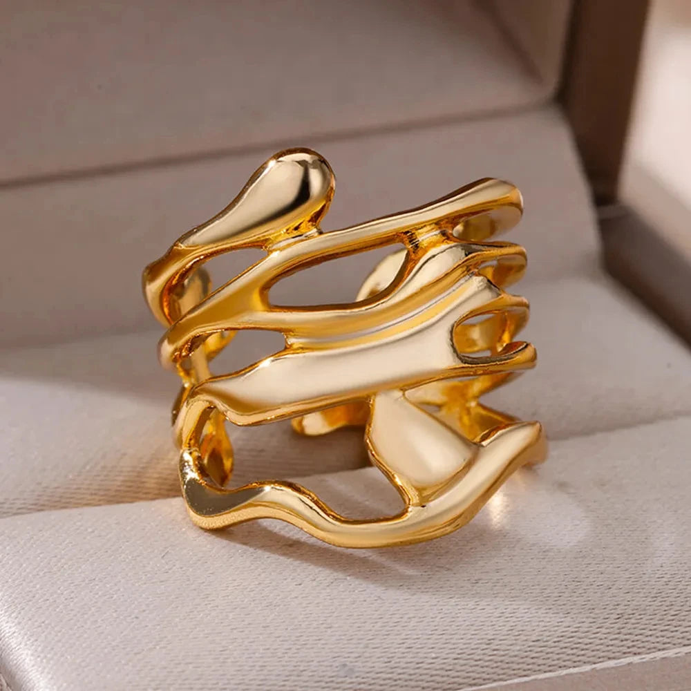 Stainless Steel Rings For Women Men Gold Color Hollow Wide Ring Female Male Party Finger Jewelry Gift 2024 Trend Free Shipping