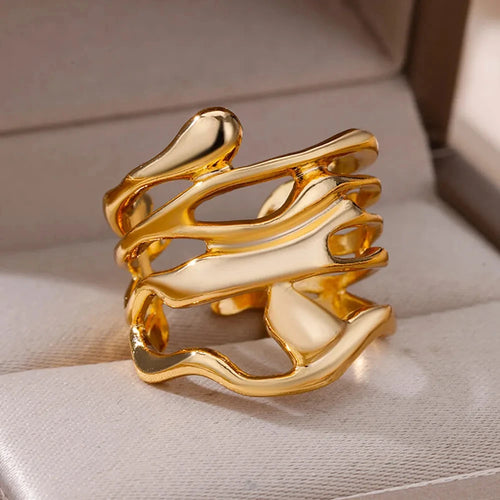 Stainless Steel Rings For Women Men Gold Color Hollow Wide Ring Female Male Party Finger Jewelry Gift 2024 Trend Free Shipping