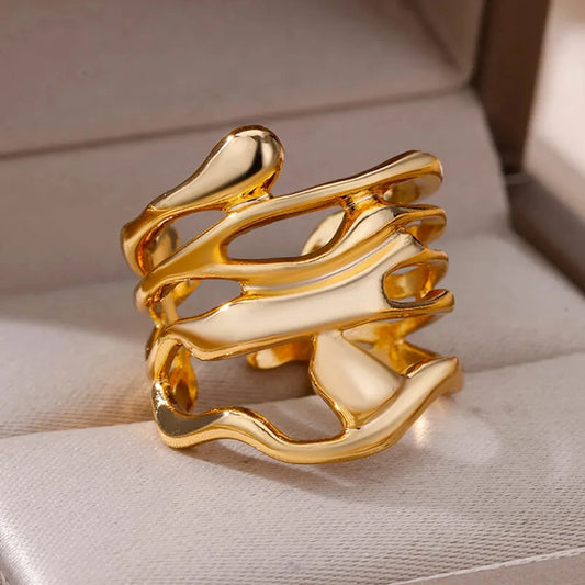 Stainless Steel Rings For Women Men Gold Color Hollow Wide Ring Female Male Party Finger Jewelry Gift 2024 Trend Free Shipping