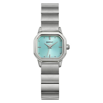 BERNY Watch for Women Silver Full Stainless Steel Square Small Dial Quartz Women's Wristwatch Waterproof Dress Ladies Watches