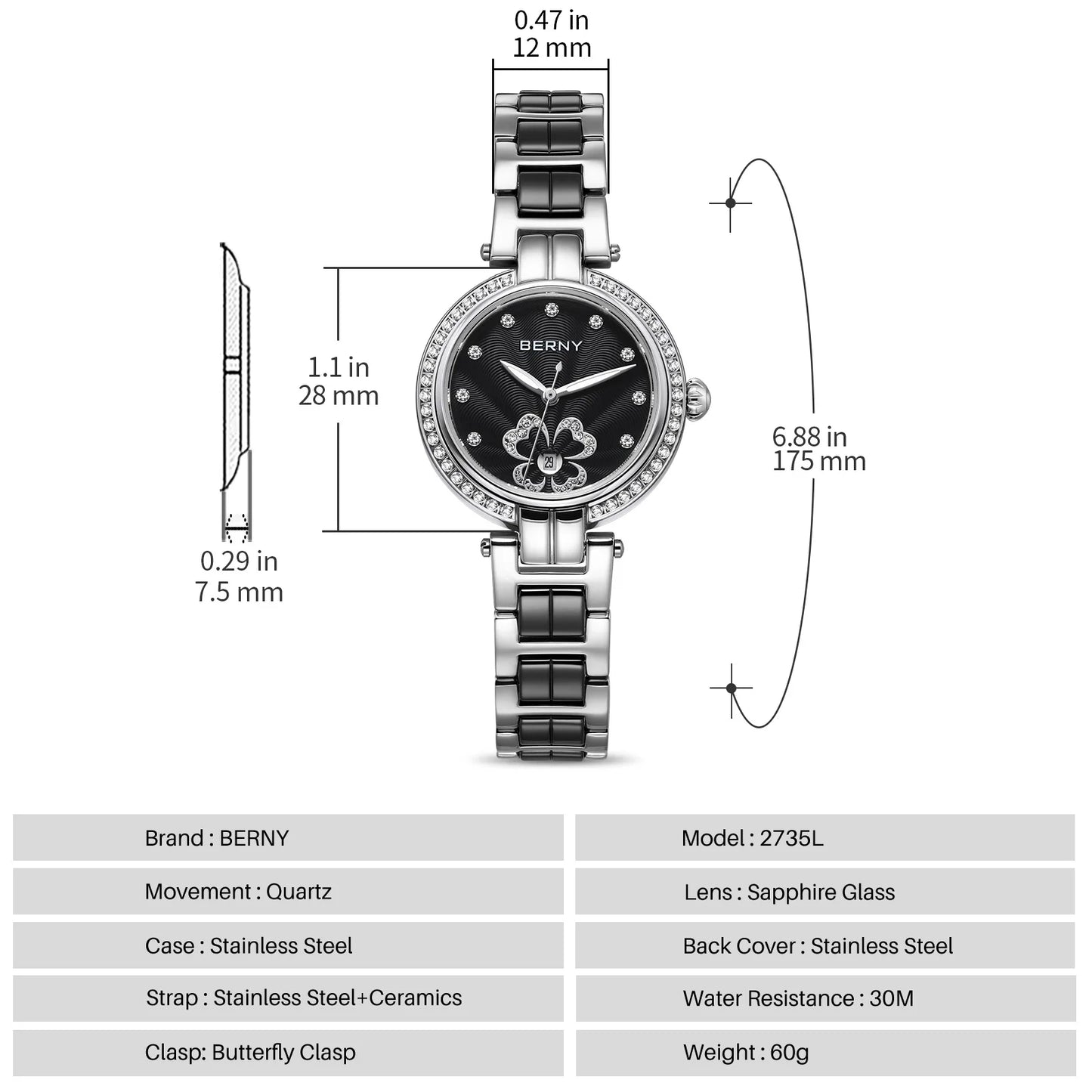 Elegant Ceramic Quartz Wristwatch, High-Quality Casual Fashion Timepiece for Ladies