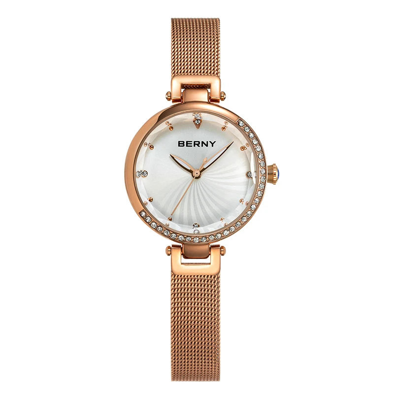 BERNY Women's Watches Luminous Small Dial Luxury Brand Woman Watch Adjustable S/S Strap Elegant Diamond Ladies Wristwatch