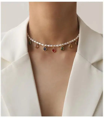 Colorful Zirconia Beads Natural Real Pearl Necklace Women Jewelry Party Designer T Show Runway Gown Japan Korean