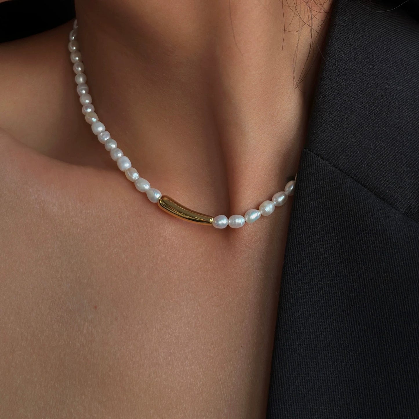 Brass Natural Freshwater Pearl Tube Pendant Necklace Women Jewelry Punk Designer Runway Rare Gown Boho Japan Korean