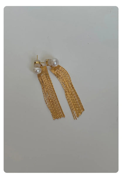 14K Gold Filled Gold Long Tessal Real Pearl Earrings Women Jewelry Party Boho T Show Gown Runway Rare Korean Japan Trendy