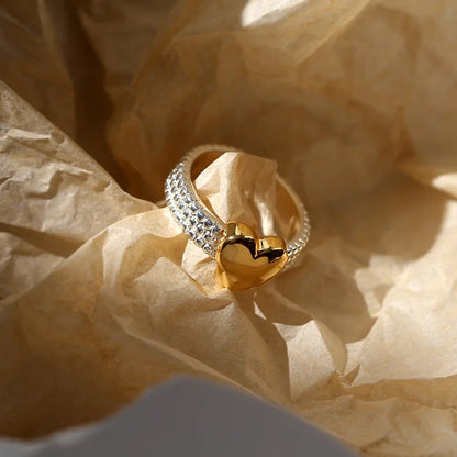 Brass 2 Tone Heart Solid Rings Women Jewelry Punk Style Designer Club Cocktail Party Gown Amazing Gift Trendy Boho Korean Japan