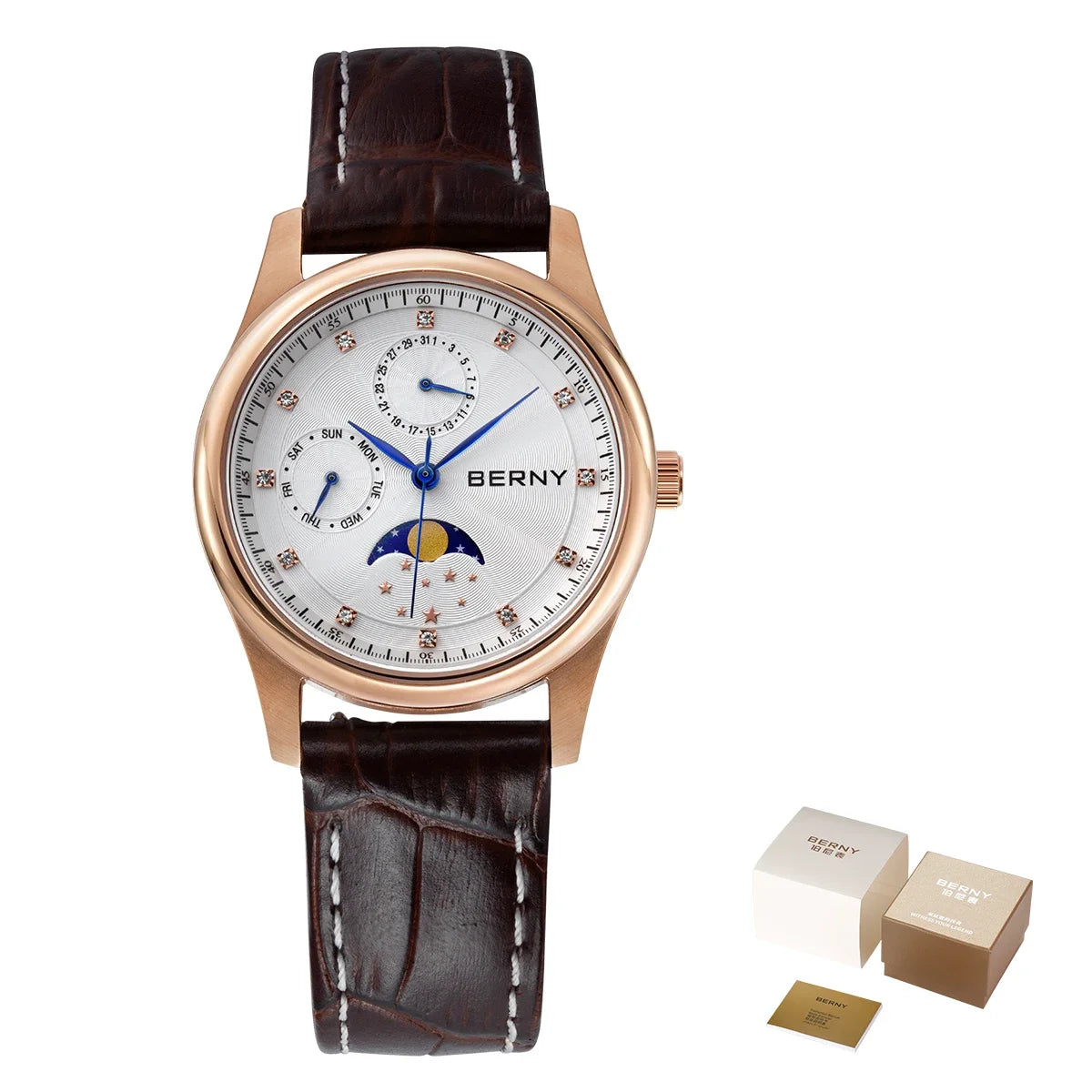 BERNY Women's Watches Calendar Date Week Real Moon Phase Quartz Women Watch Leather Strap Elegant Casual Ladies Girl Wristwatch