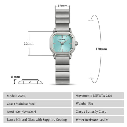 BERNY Watch for Women Silver Full Stainless Steel Square Small Dial Quartz Women's Wristwatch Waterproof Dress Ladies Watches