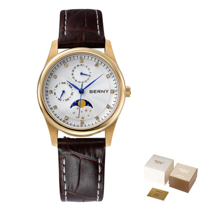 BERNY Women's Watches Calendar Date Week Real Moon Phase Quartz Women Watch Leather Strap Elegant Casual Ladies Girl Wristwatch