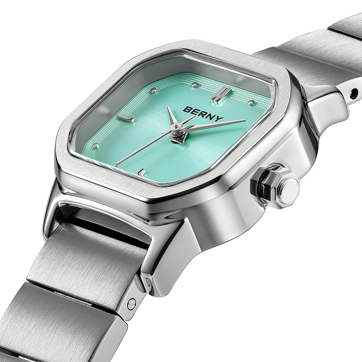 BERNY Watch for Women Silver Full Stainless Steel Square Small Dial Quartz Women's Wristwatch Waterproof Dress Ladies Watches