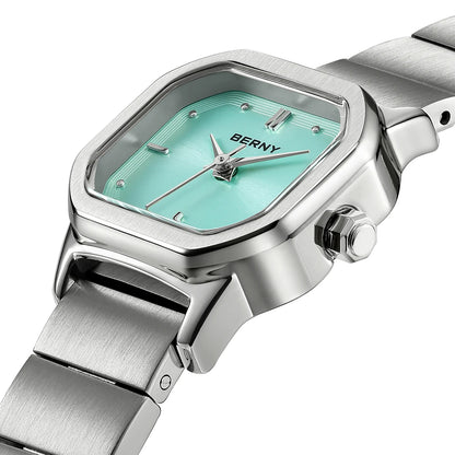 BERNY Watch for Women Silver Full Stainless Steel Square Small Dial Quartz Women's Wristwatch Waterproof Dress Ladies Watches