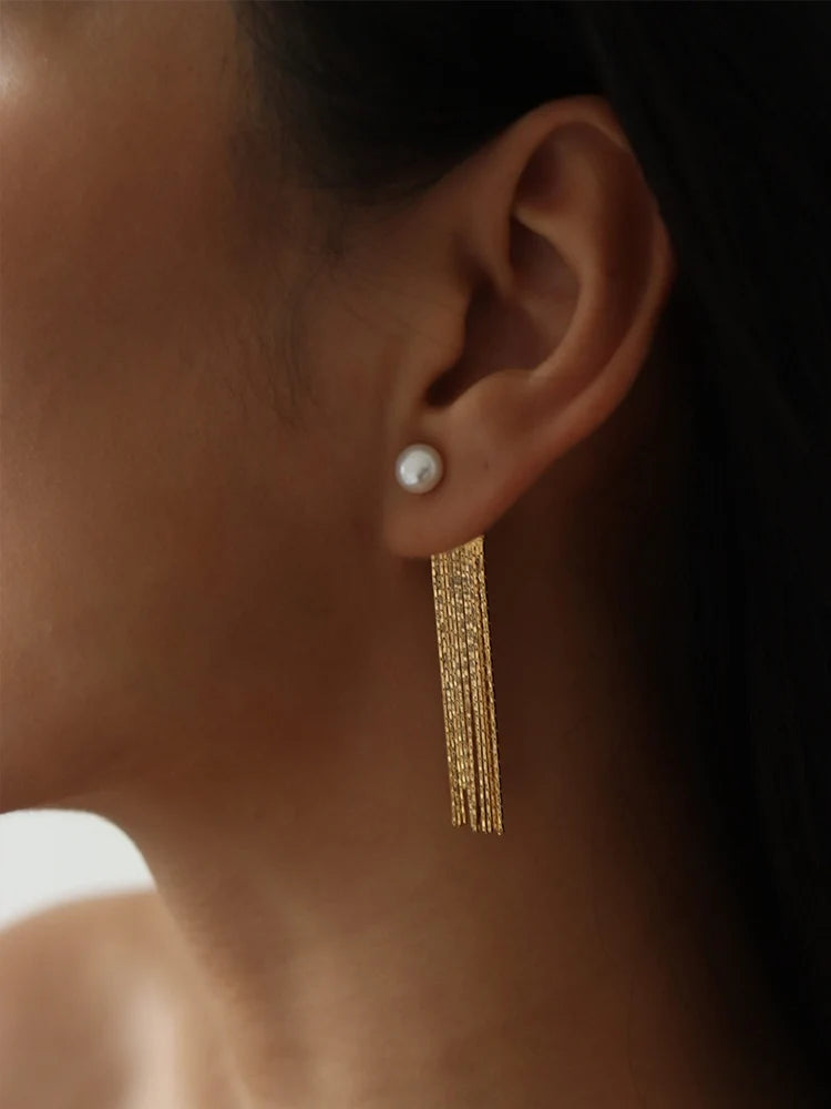 14K Gold Filled Gold Long Tessal Real Pearl Earrings Women Jewelry Party Boho T Show Gown Runway Rare Korean Japan Trendy