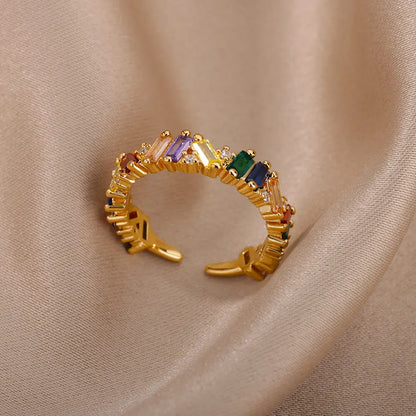 Colorful Zircon Round Stone Rings For Women Stainless Steel Gold Color Finger Ring  Wedding Aesthetic Jewelry Gift bijoux femme