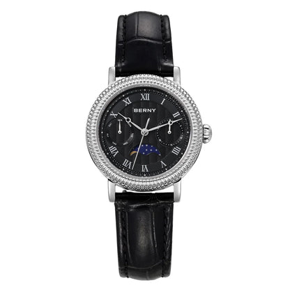 BERNY Women's Watches Luxury Business Dress Watch Moon Phase Elegant Quartz Ladies Wrist Watches Leather Band Stainless Steel