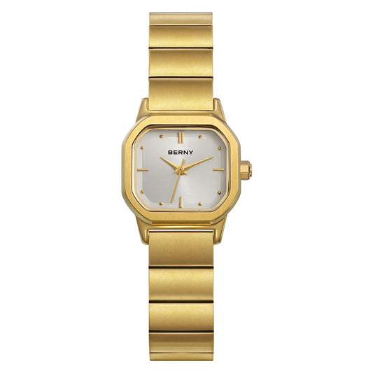 BERNY Watch for Women Silver Full Stainless Steel Square Small Dial Quartz Women's Wristwatch Waterproof Dress Ladies Watches